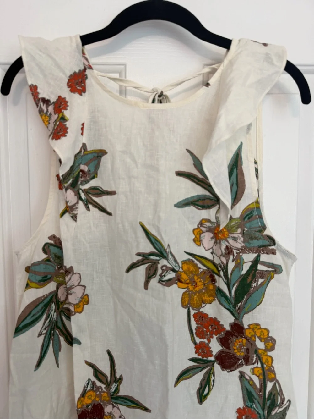 Free People Floral Linen Blend Mini Dress XS Ivory Boho Ruffle Back Tie
